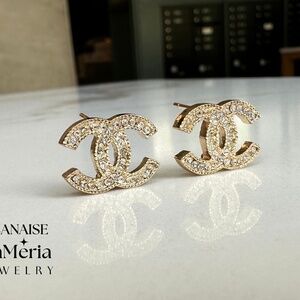 CHANEL Double CC Earrings Mid- Century- Gold Gilded with Rhinestones